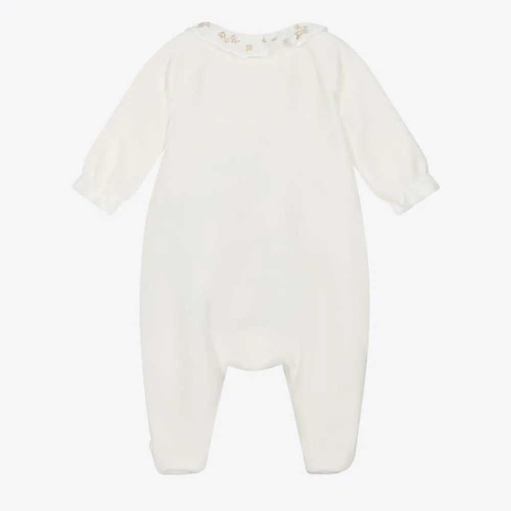 Tartine et Chocolat Babysuits*Girls Ivory Embroidered Velour Babygrow