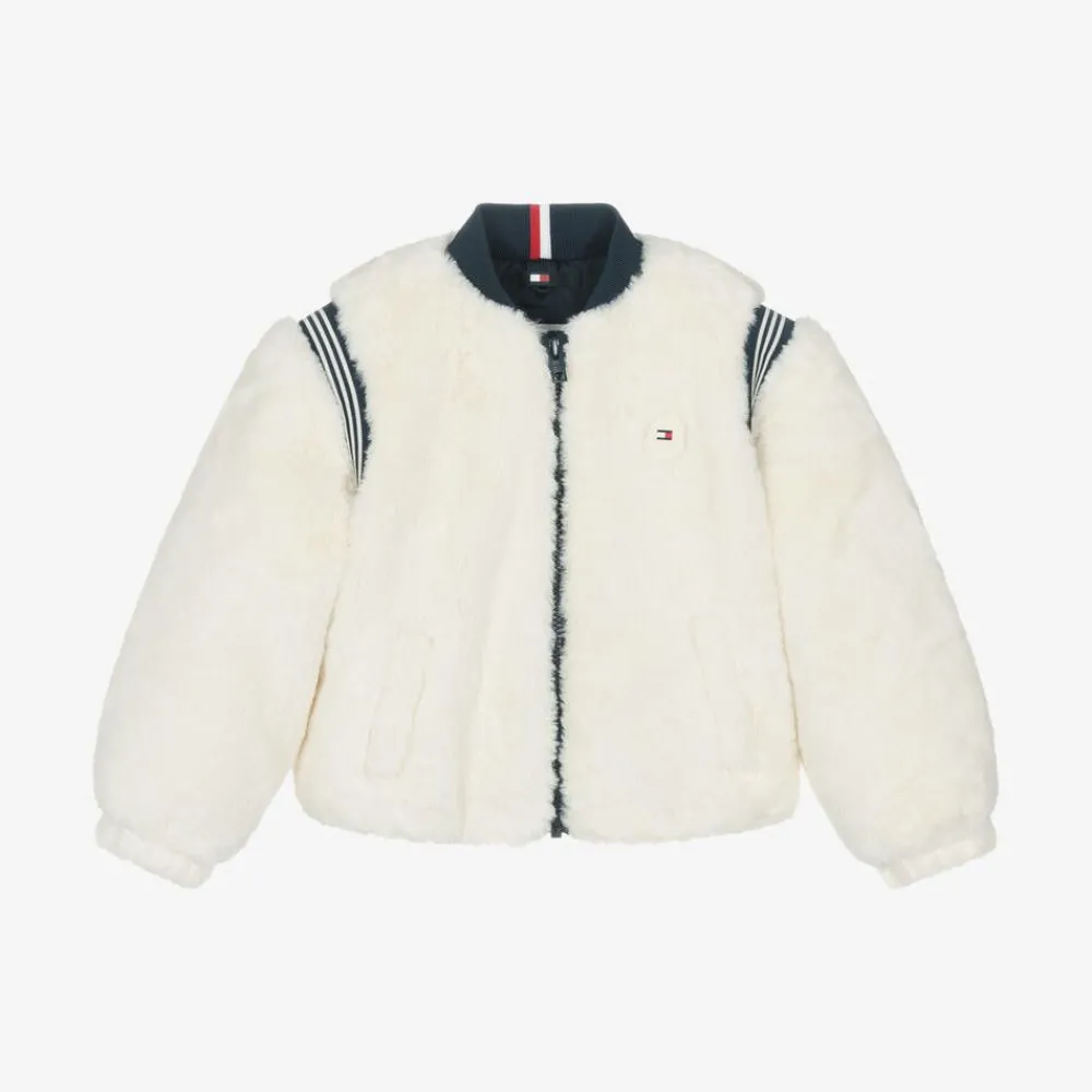 Tommy Hilfiger Coats & Jackets*Girls Ivory Faux Fur Varsity Jacket