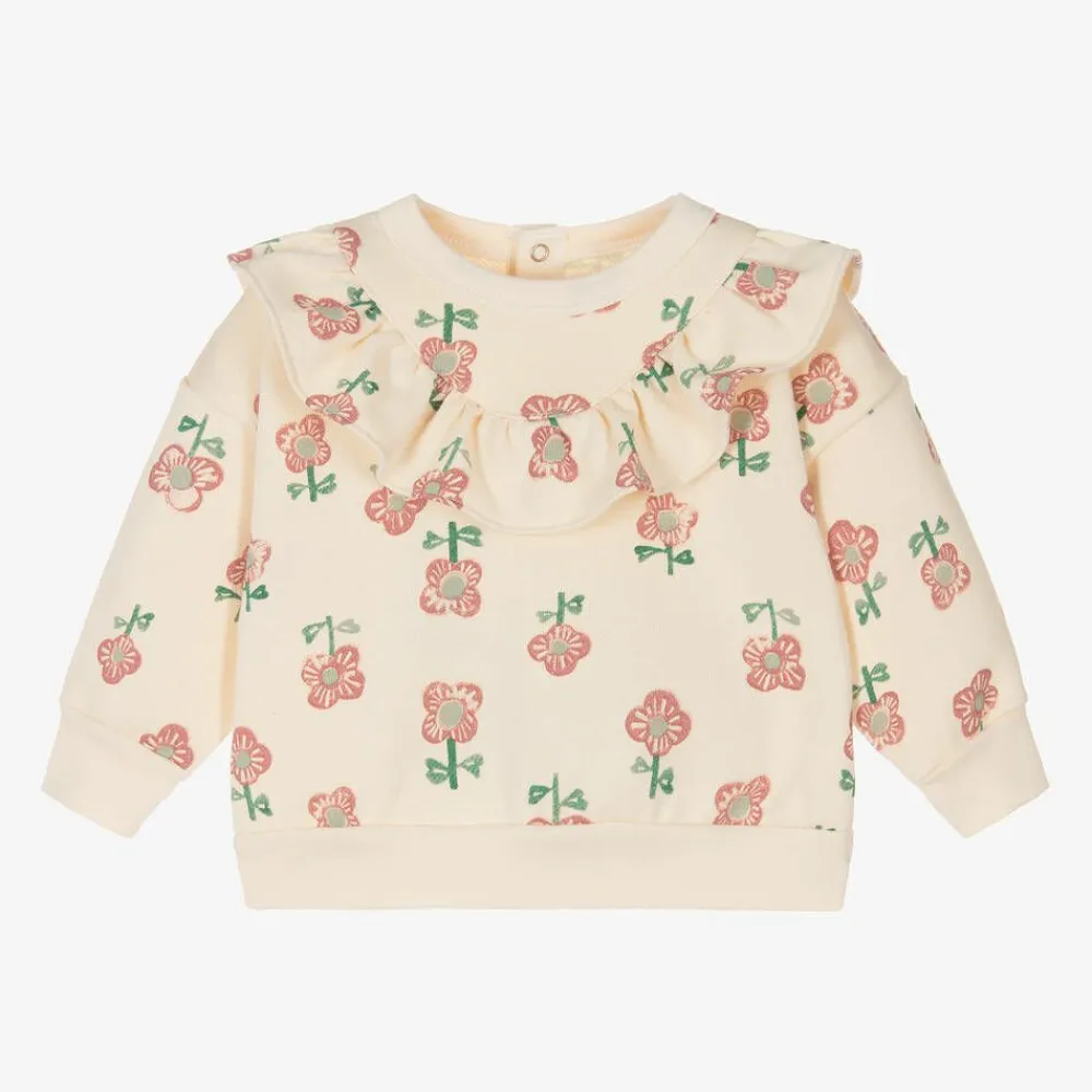 Petit Bateau Tops*Girls Ivory Floral Print Cotton Sweatshirt
