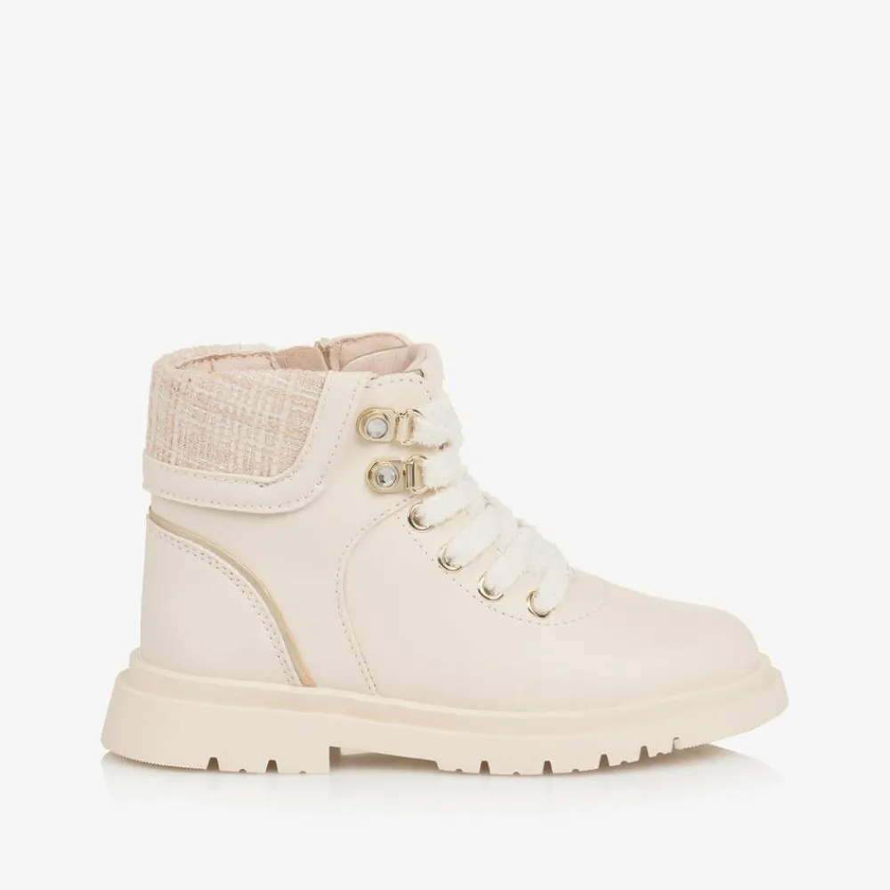 Mayoral Boots|Boots*Girls Ivory Leather Lace-Up Boots