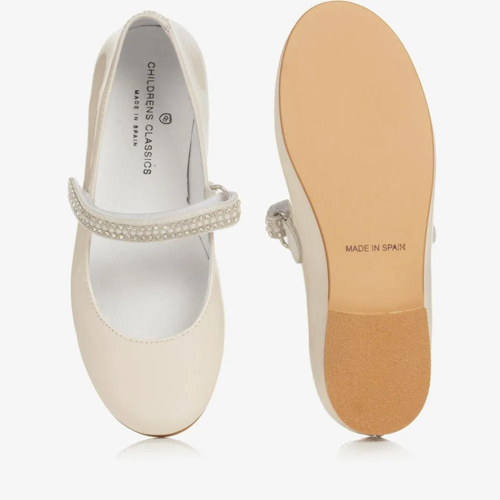 Childrens Classics Bar Shoes*Girls Ivory Patent Leather & Diamanté Shoes