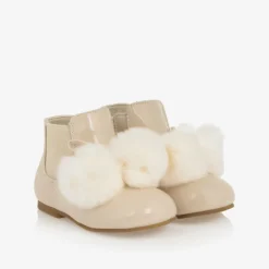 Beau KiD Boots*Girls Ivory Patent Leather Pom-Pom Boots