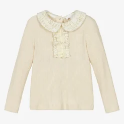 Patachou Tops*Girls Ivory Viscose Tweed Collar Sweater