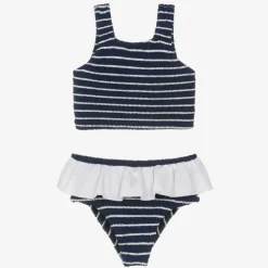 Hunza G Swimwear*Girls Navy Blue Crinkle Frill Bikini Navy/White