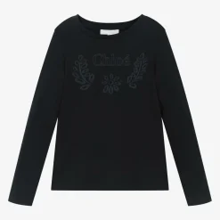 Chloé Tops*Girls Navy Blue Embroidered Cotton Top