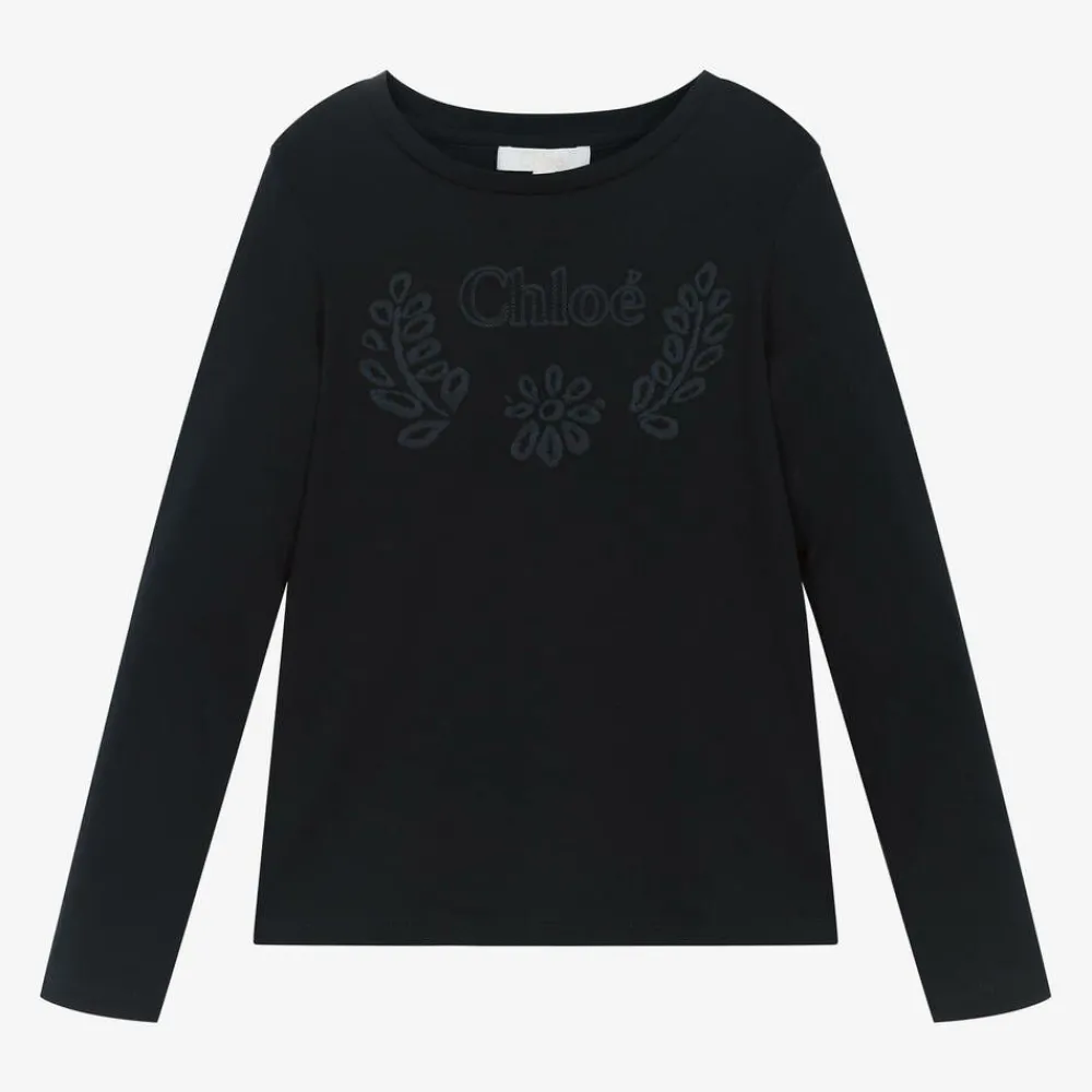 Chloé Tops*Girls Navy Blue Embroidered Cotton Top