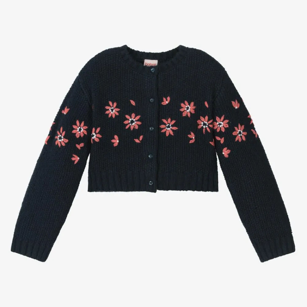 Boboli Tops*Girls Navy Blue Floral Knitted Cardigan