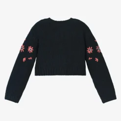 Boboli Tops*Girls Navy Blue Floral Knitted Cardigan