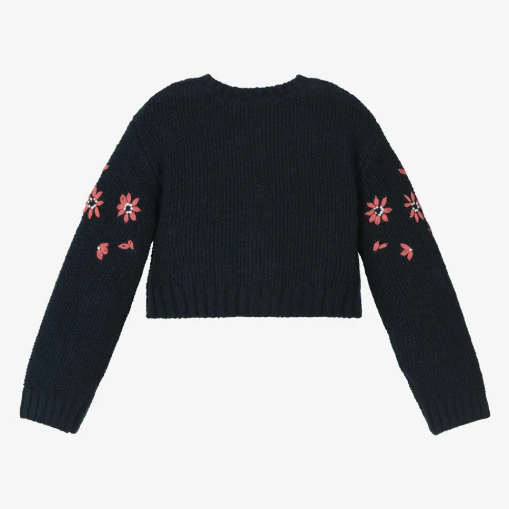Boboli Tops*Girls Navy Blue Floral Knitted Cardigan