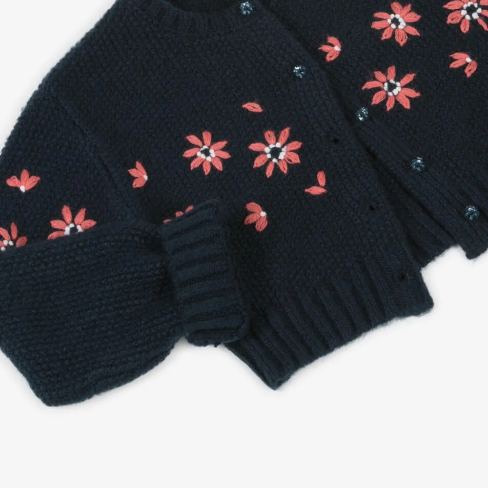 Boboli Tops*Girls Navy Blue Floral Knitted Cardigan