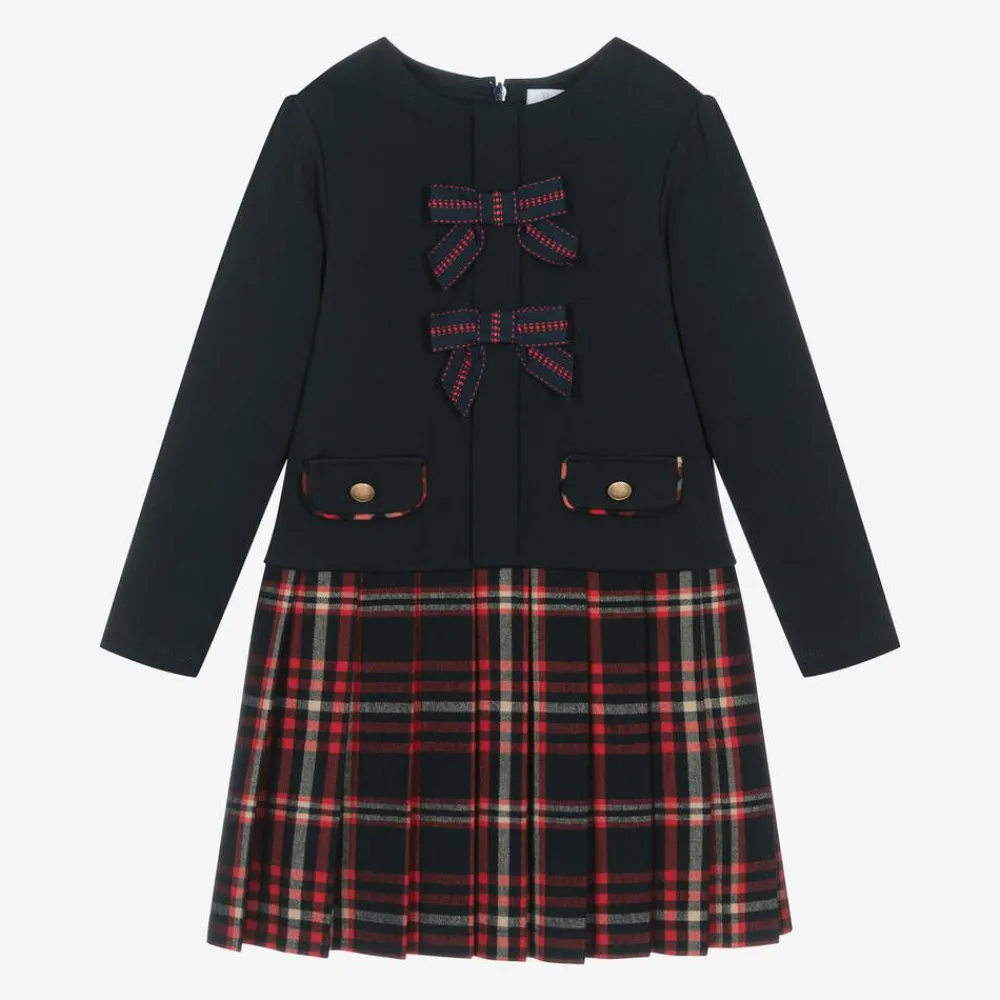Patachou Dresses*Girls Navy Blue Jersey & Tartan Flannel Dress