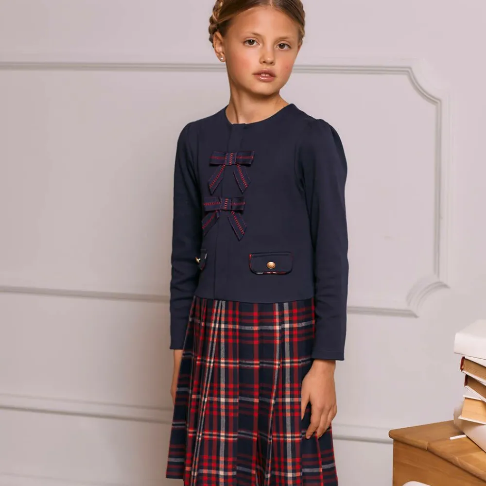 Patachou Dresses*Girls Navy Blue Jersey & Tartan Flannel Dress