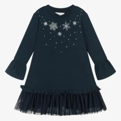 Monnalisa Dresses*Girls Navy Blue Snowflake Cotton Dress