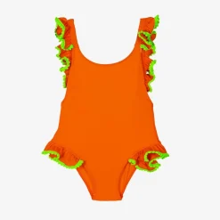 Selini Action Swimwear*Girls Orange Ruffle & Green Pom-Pom Swimsuit