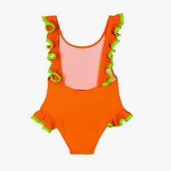 Selini Action Swimwear*Girls Orange Ruffle & Green Pom-Pom Swimsuit