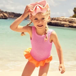 Hunza G Swimwear*Girls Pink & Orange Crinkle Frill Swimsuit