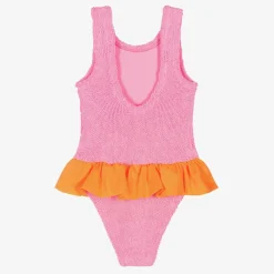 Hunza G Swimwear*Girls Pink & Orange Crinkle Frill Swimsuit