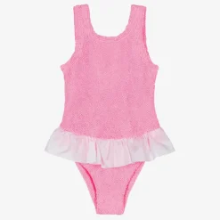 Hunza G Swimwear*Girls Pink & White Crinkle Frill Swimsuit Bubblegum
