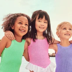 Hunza G Swimwear*Girls Pink & White Crinkle Frill Swimsuit Bubblegum