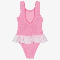 Hunza G Swimwear*Girls Pink & White Crinkle Frill Swimsuit Bubblegum