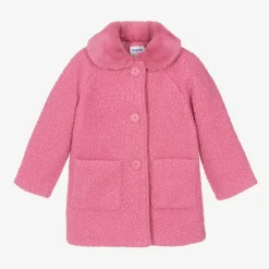 Mayoral Coats & Jackets*Girls Pink Bouclé & Faux Fur Collar Coat