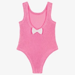 Hunza G Swimwear*Girls Pink Bow Crinkle Swimsuit