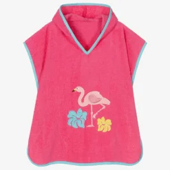 Playshoes Towels & Robes*Girls Pink Cotton Flamingo Poncho Towel