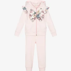 Caramelo Kids Tracksuits*Girls Pink Cotton Floral Bow Tracksuit