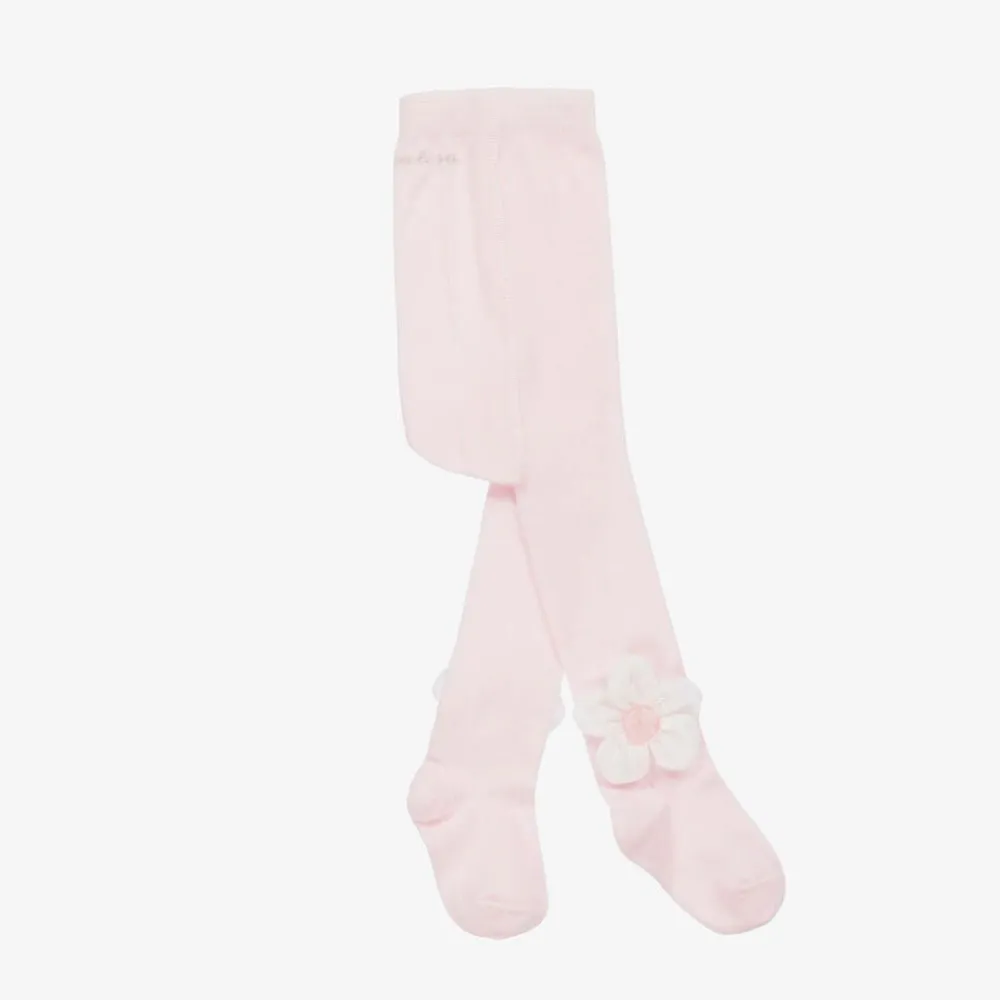 Monnalisa Tights|Tights*Girls Pink Cotton Knit Flower Tights