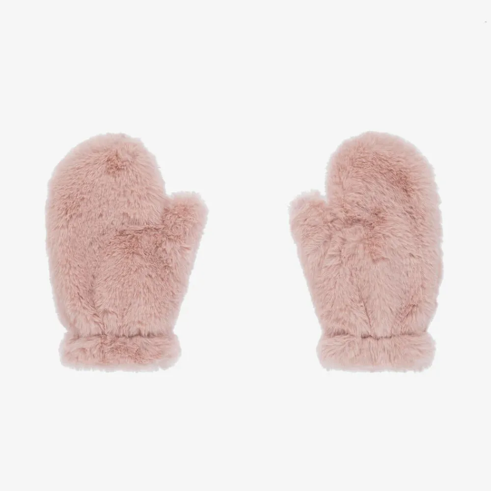 Il Gufo Gloves & Mittens*Girls Pink Faux Fur Mittens
