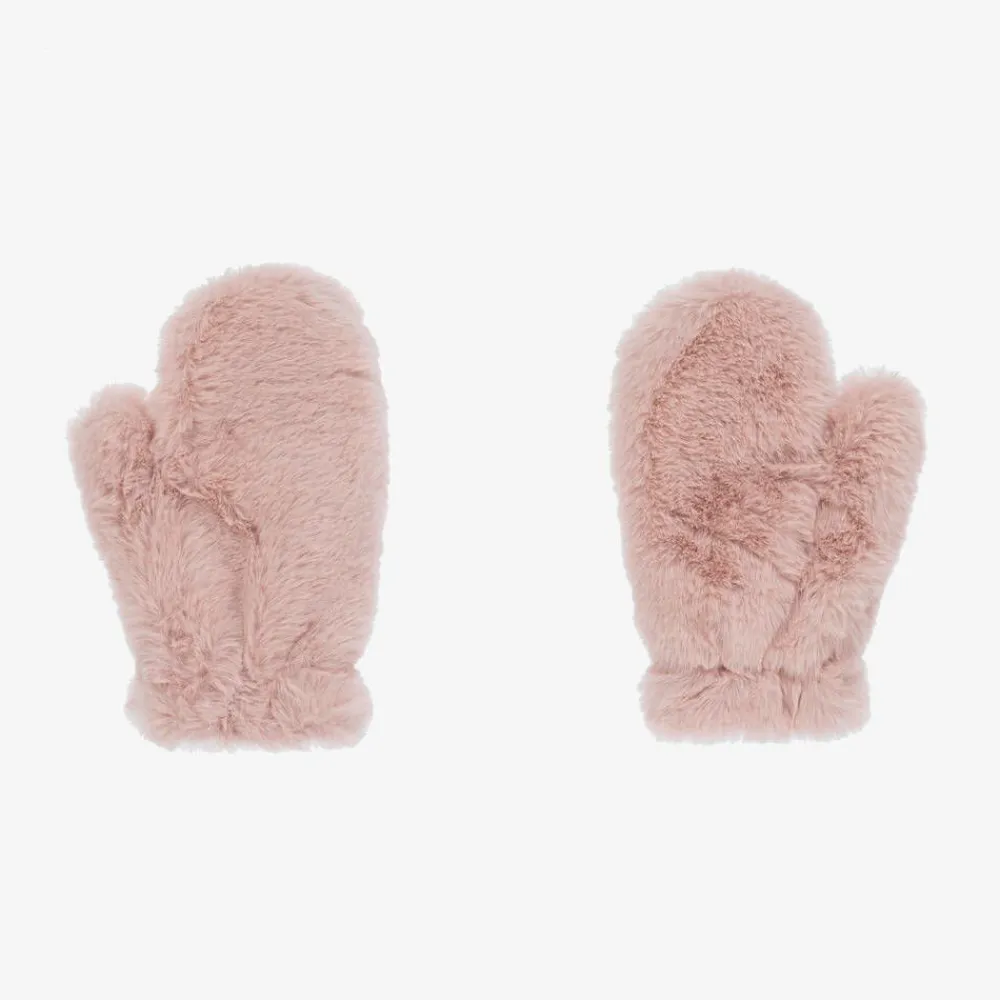 Il Gufo Gloves & Mittens*Girls Pink Faux Fur Mittens