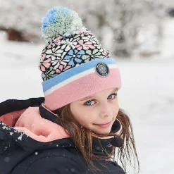 Deux par Deux Hats*Girls Pink Floral Knitted Pom-Pom Hat