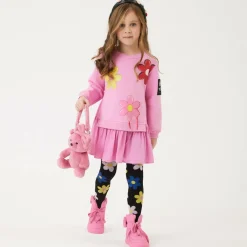 Monnalisa Dresses*Girls Pink Flower Print Sweatshirt Dress
