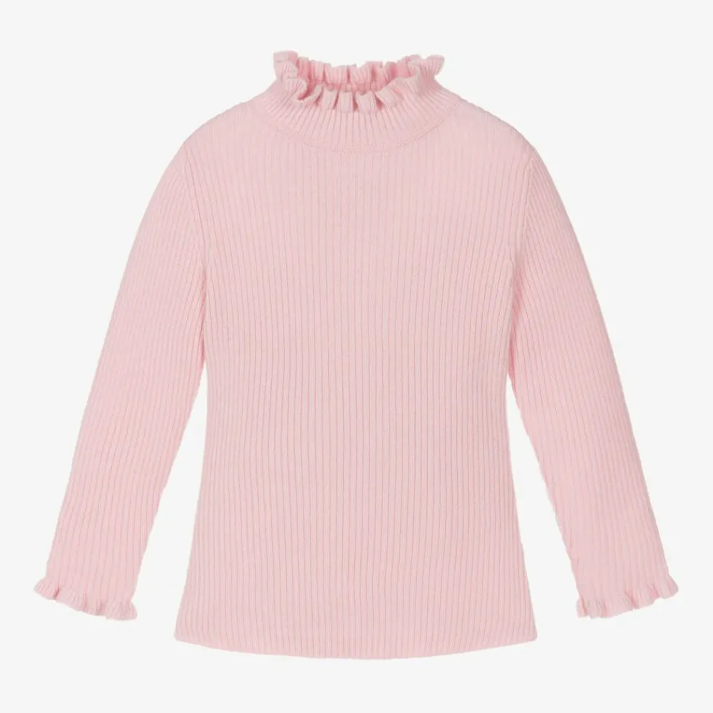 Il Gufo Tops*Girls Pink Frill Polo Neck Wool Jumper