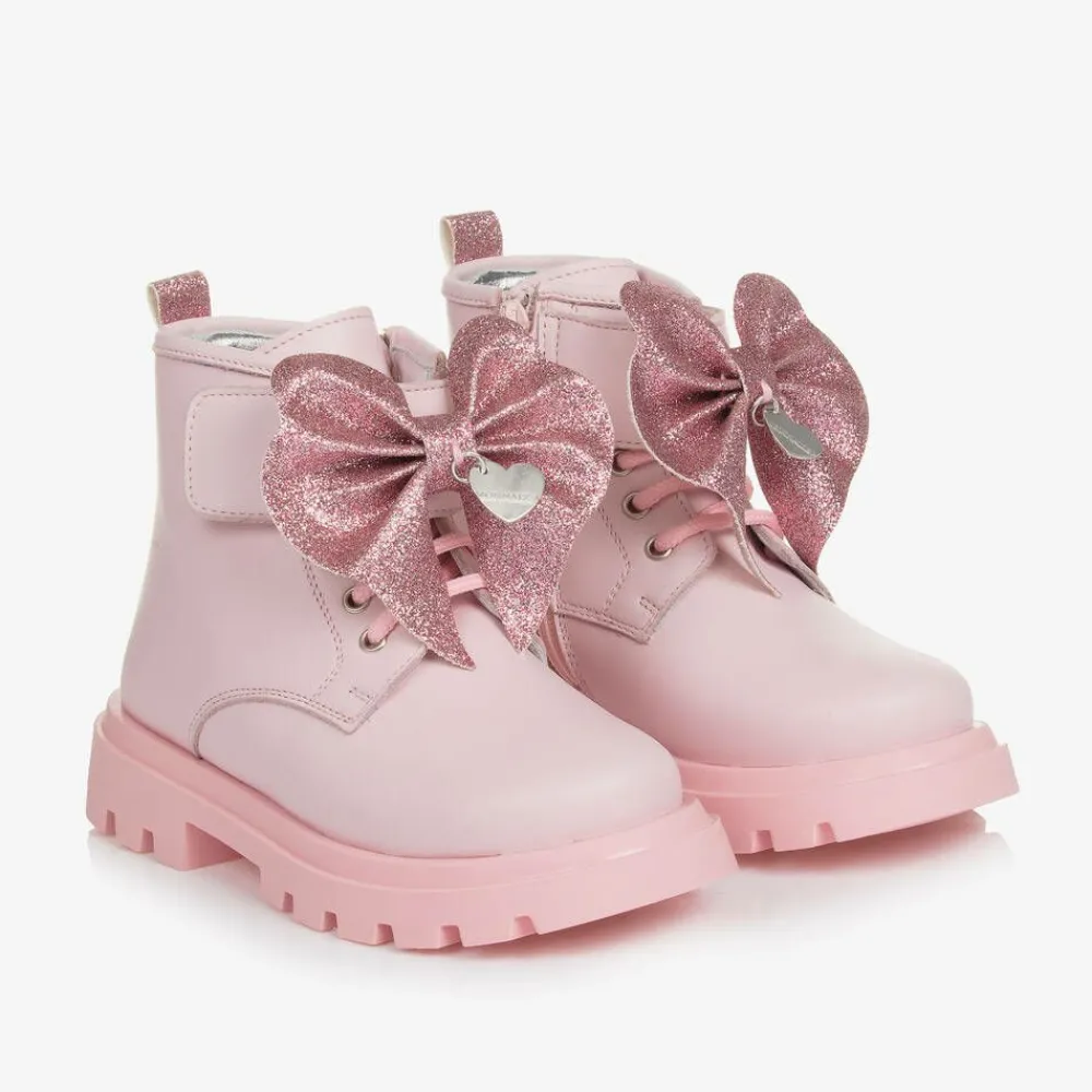 Monnalisa Boots*Girls Pink Leather Bow Ankle Boots