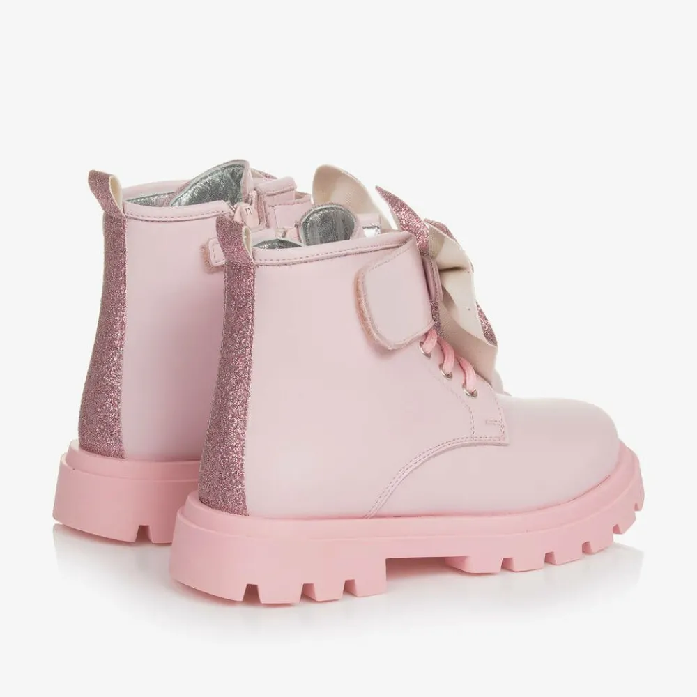 Monnalisa Boots*Girls Pink Leather Bow Ankle Boots