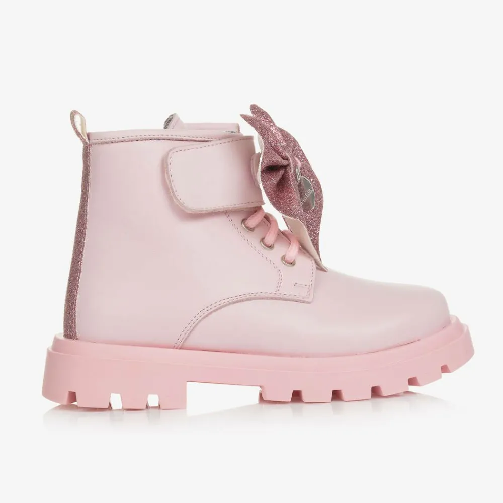 Monnalisa Boots*Girls Pink Leather Bow Ankle Boots