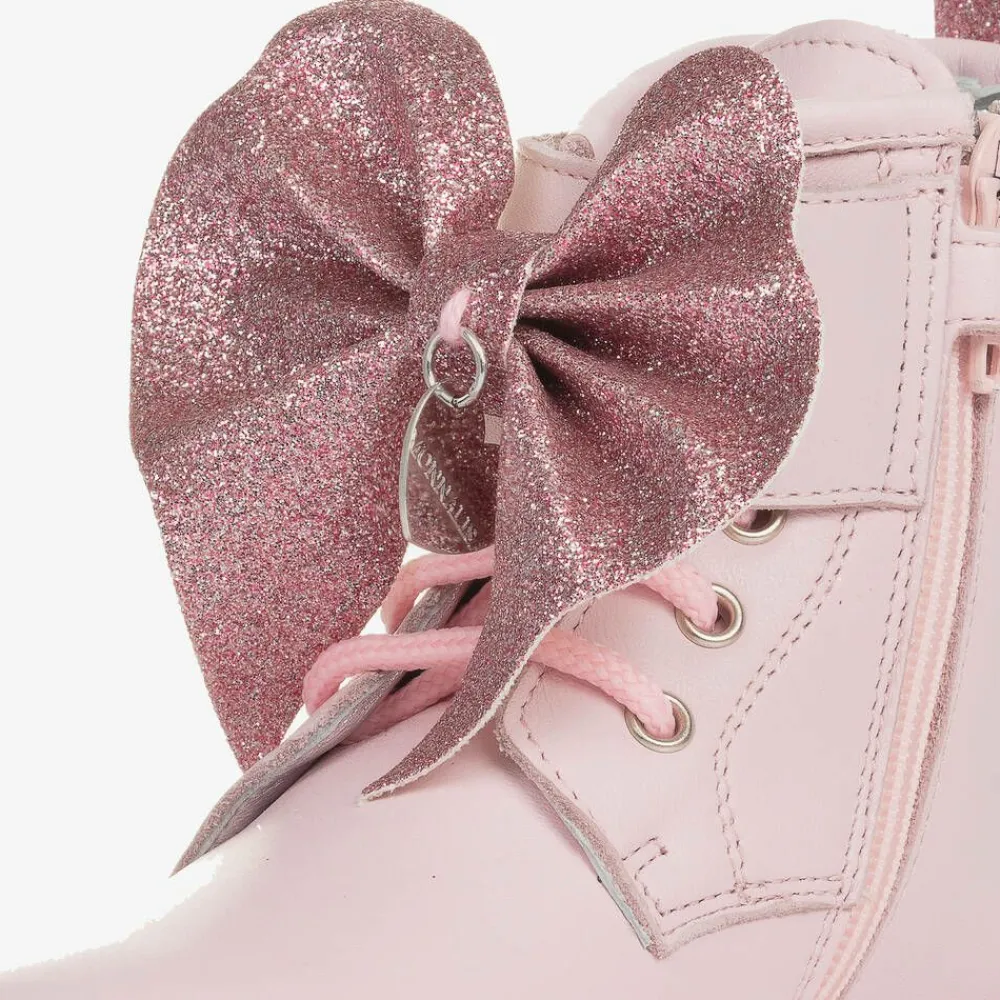Monnalisa Boots*Girls Pink Leather Bow Ankle Boots