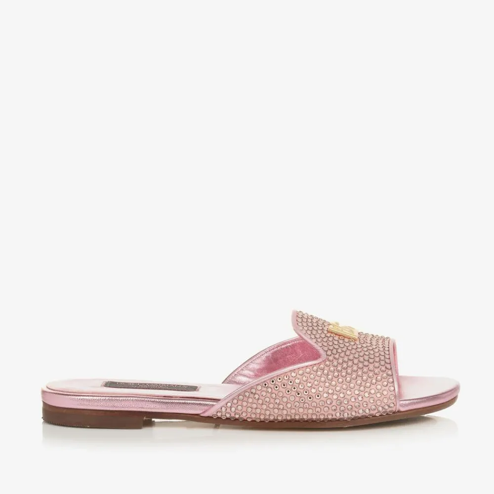 Dolce amp; Gabbana Sliders|Sliders*Girls Pink Leather Rhinestones Sliders