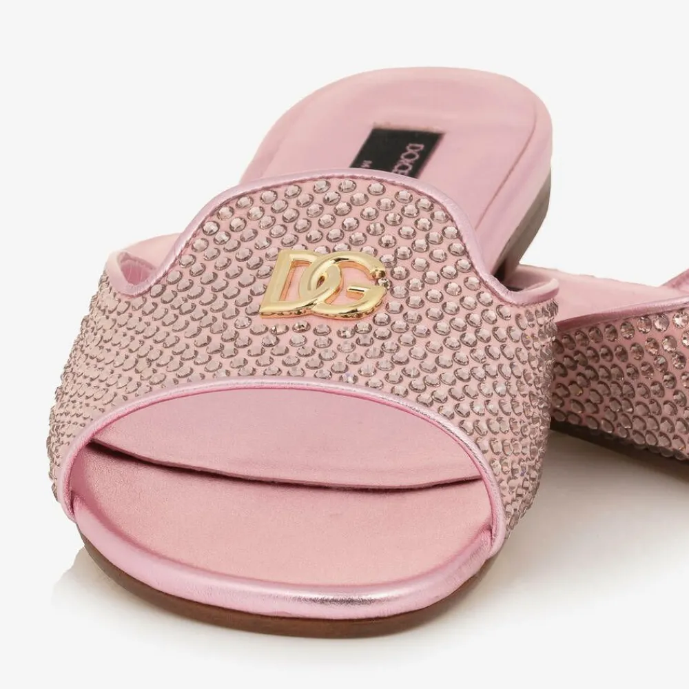 Dolce amp; Gabbana Sliders|Sliders*Girls Pink Leather Rhinestones Sliders