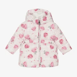Monnalisa Coats & Jackets*Girls Pink Puffer Flower Hooded Coat