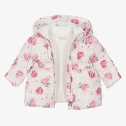 Monnalisa Coats & Jackets*Girls Pink Puffer Flower Hooded Coat