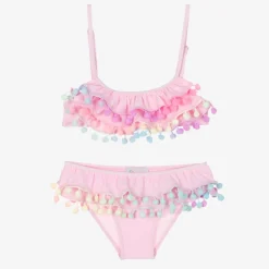 Selini Action Swimwear*Girls Pink Ruffle & Pom-Pom Bikini
