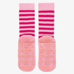 Country Kids Socks*Girls Pink Striped Cat Slipper Socks