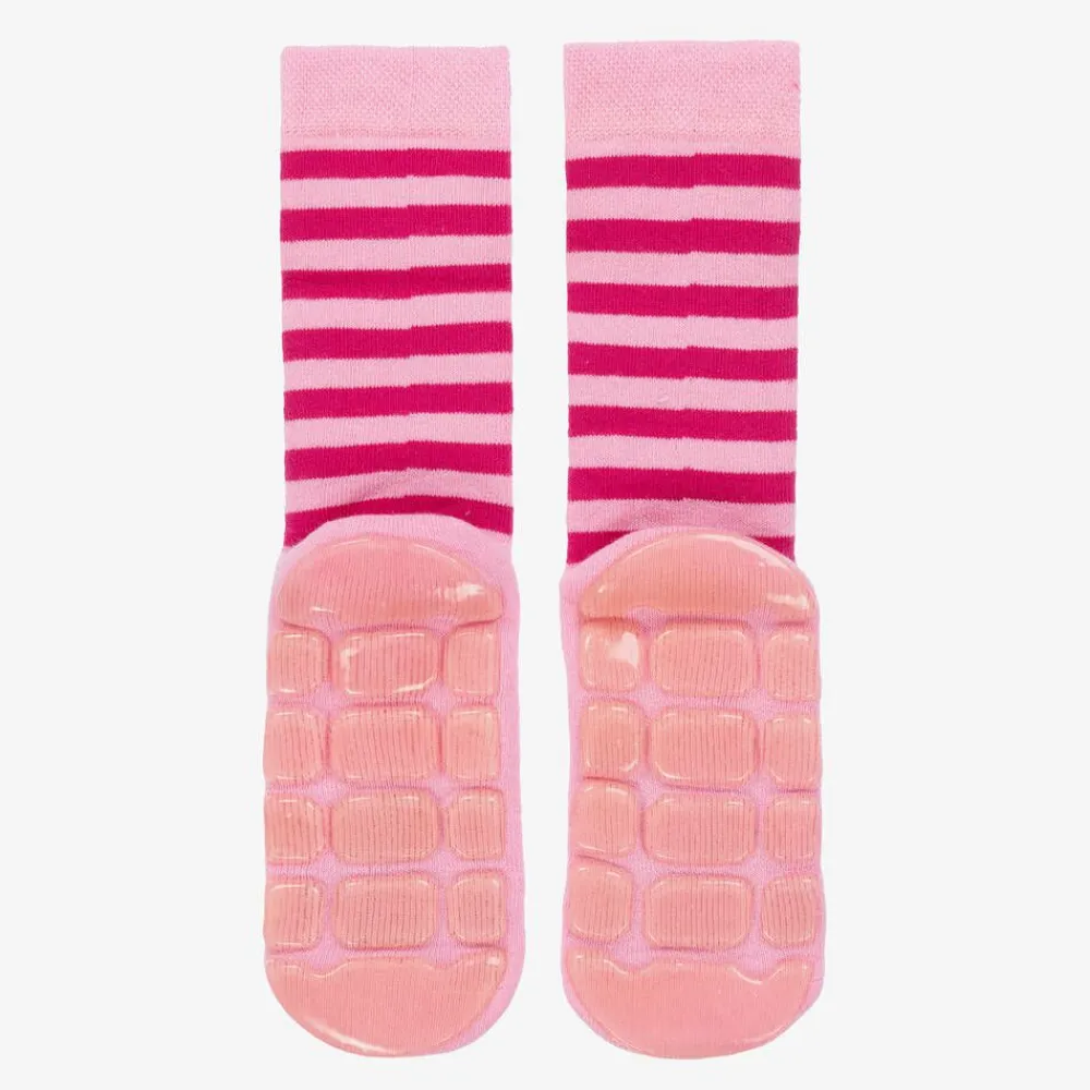 Country Kids Socks*Girls Pink Striped Cat Slipper Socks