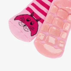 Country Kids Socks*Girls Pink Striped Cat Slipper Socks