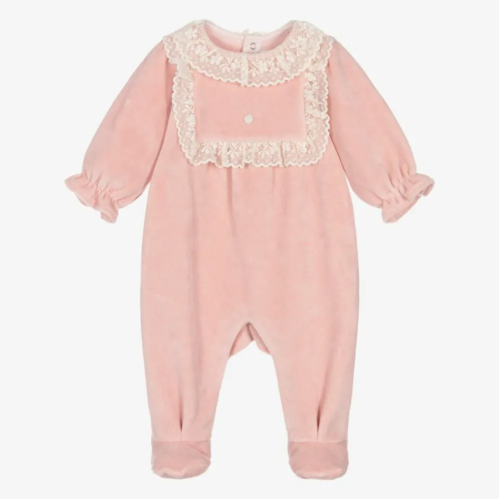 Tartine et Chocolat Babysuits*Girls Pink Velour & Lace Babygrow