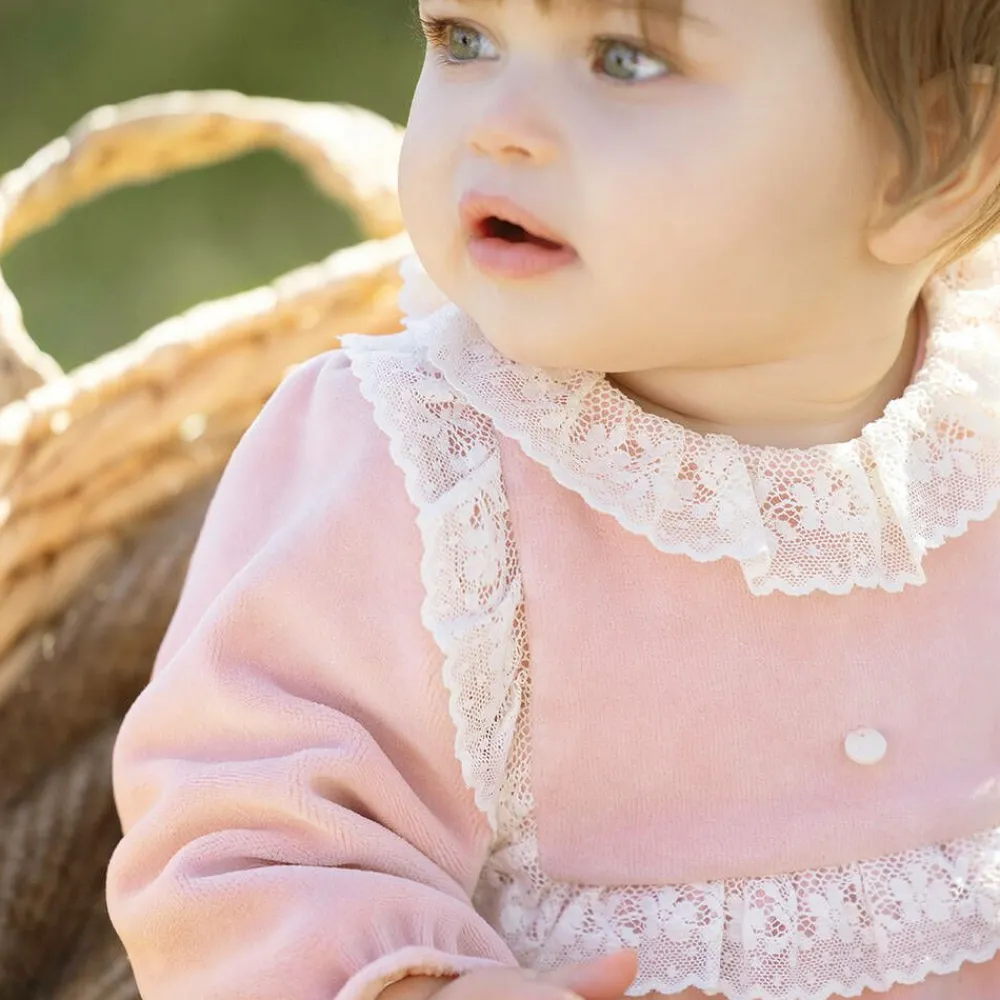 Tartine et Chocolat Babysuits*Girls Pink Velour & Lace Babygrow