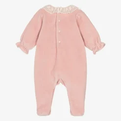 Tartine et Chocolat Babysuits*Girls Pink Velour & Lace Babygrow