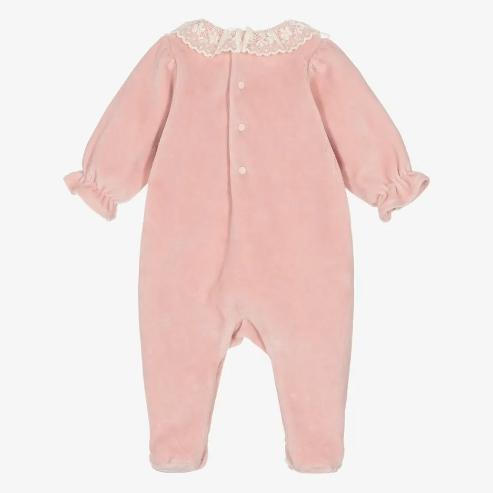 Tartine et Chocolat Babysuits*Girls Pink Velour & Lace Babygrow